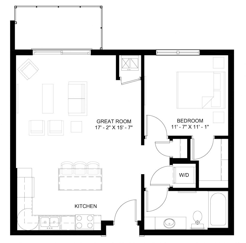 The Dolores 1-bedroom floor plan layout